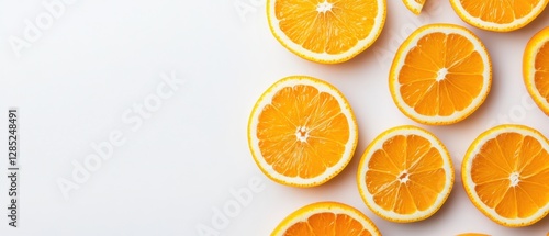 Minimalist Citrus Display Artfully Arranged Orange Slices on White Surface - Vibrant Fruit Texture for Wellness Marketing and Natural Supplement Branding photo