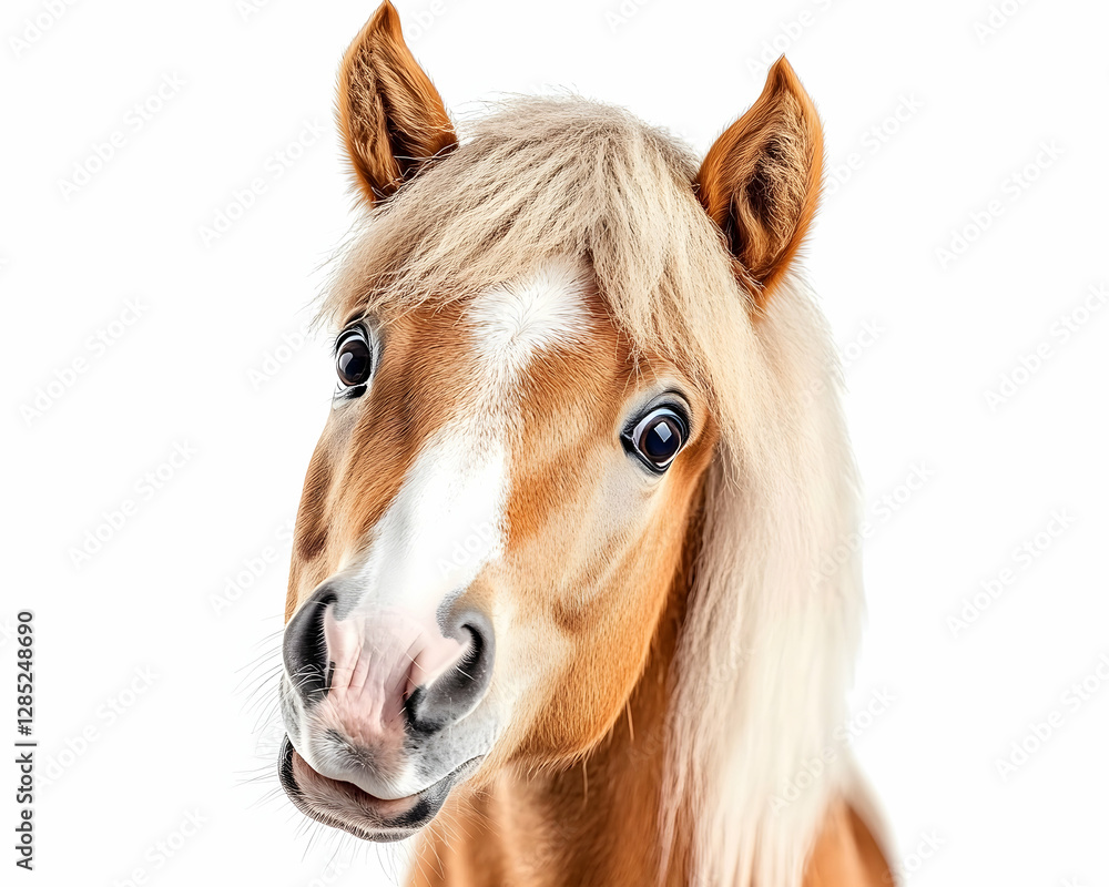 Palomino pony portrait, curious expression, white background, pet photography Palomino pony portrait, curious expression, white background, pet photography