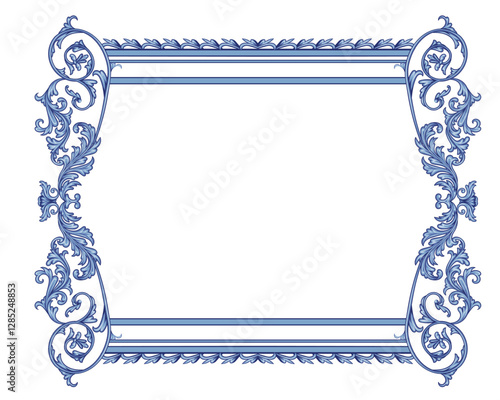 Baroque flourish frame is ornamented with scrolls and decorative leaves, classic vector style