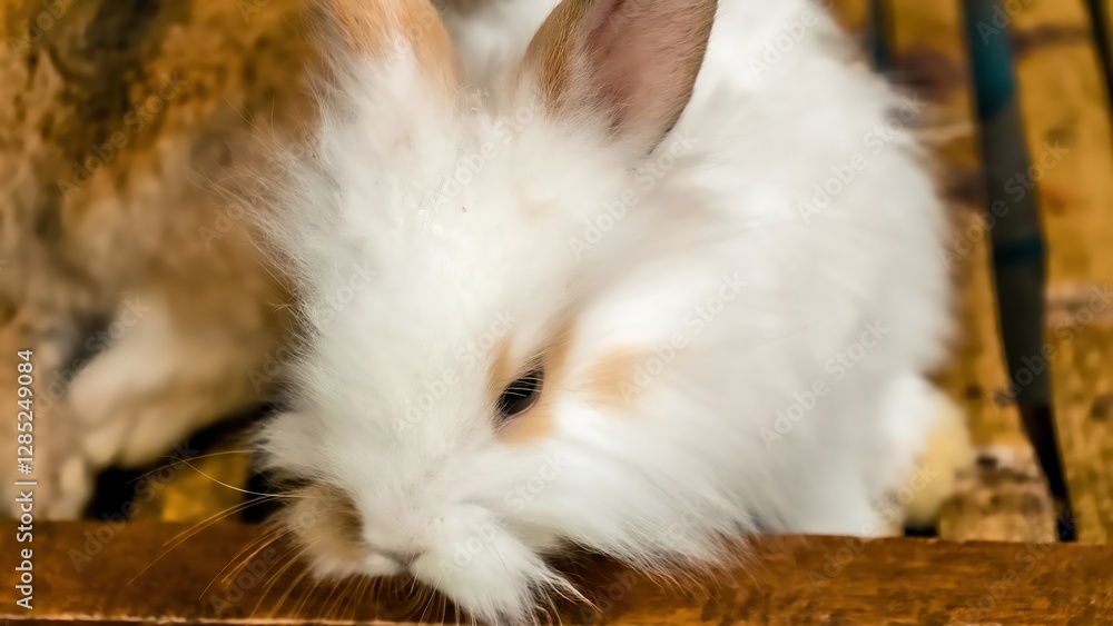 Obraz premium Close-Up of an Adorable White Rabbit Resting Peacefully in a Hutch