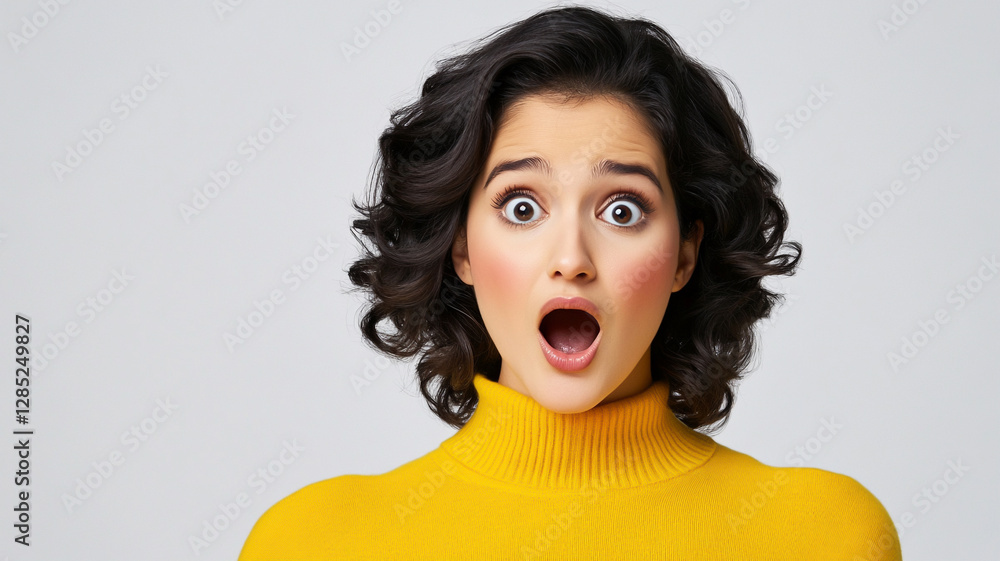 Expressive woman in yellow sweater showing surprise with open mouth and wide eyes Expressive woman in yellow sweater showing surprise with open mouth and wide eyes