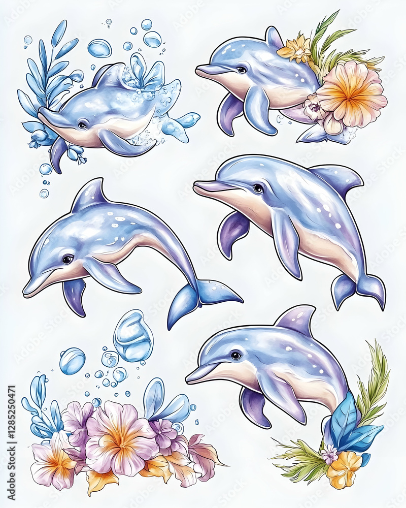 Fototapeta premium Playful Dolphins with Flowers, Ocean Background, Summer Fun