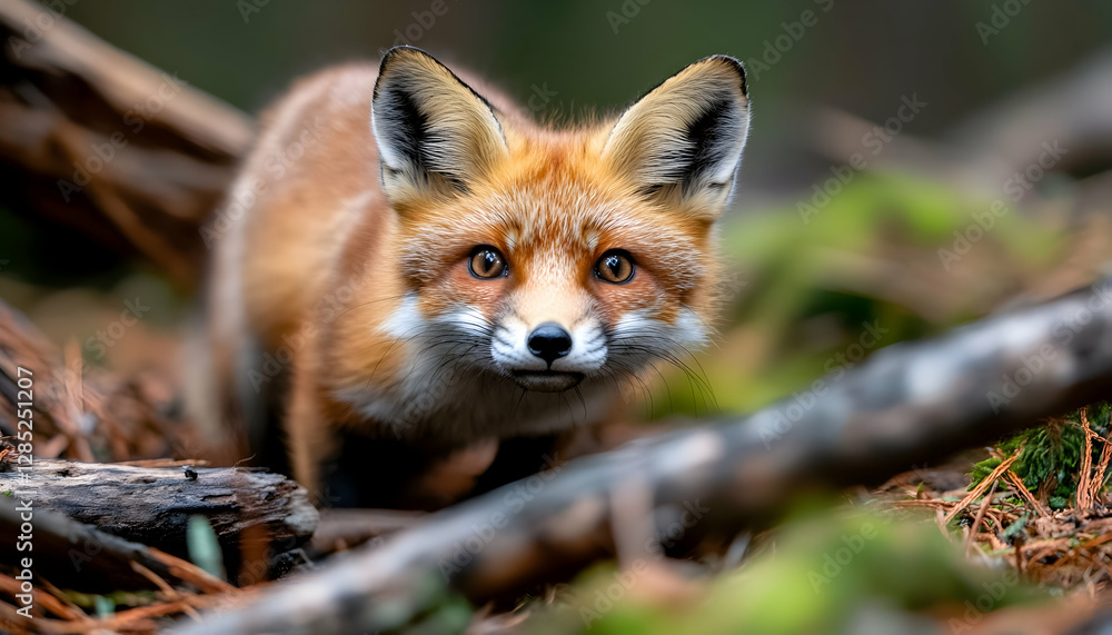 Naklejka premium Red fox in forest, alert, eyes focused, nature background, wildlife photography