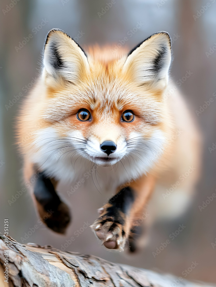 Red fox leaping, forest background, wildlife photography Red fox leaping, forest background, wildlife photography