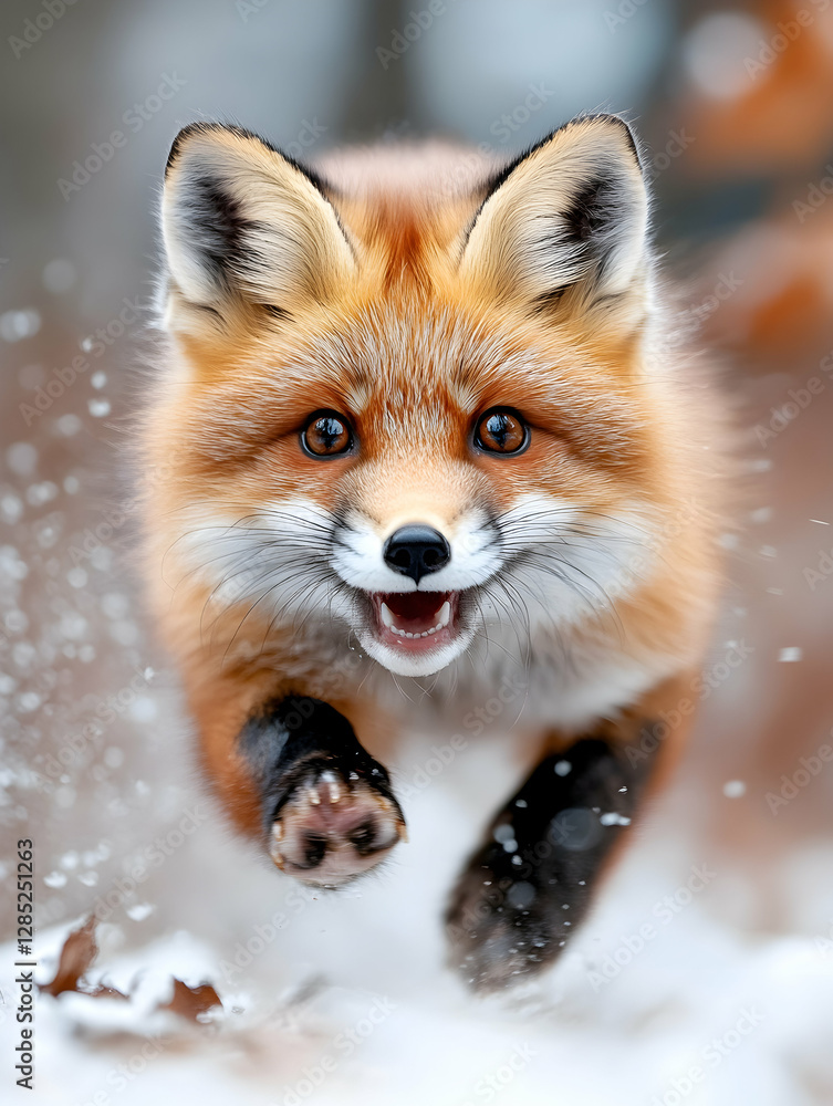 Obraz premium Red fox leaping through snowy woods; winter wildlife