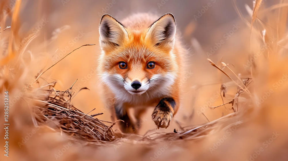 Obraz premium Red fox running through autumn grass. Wildlife nature photography