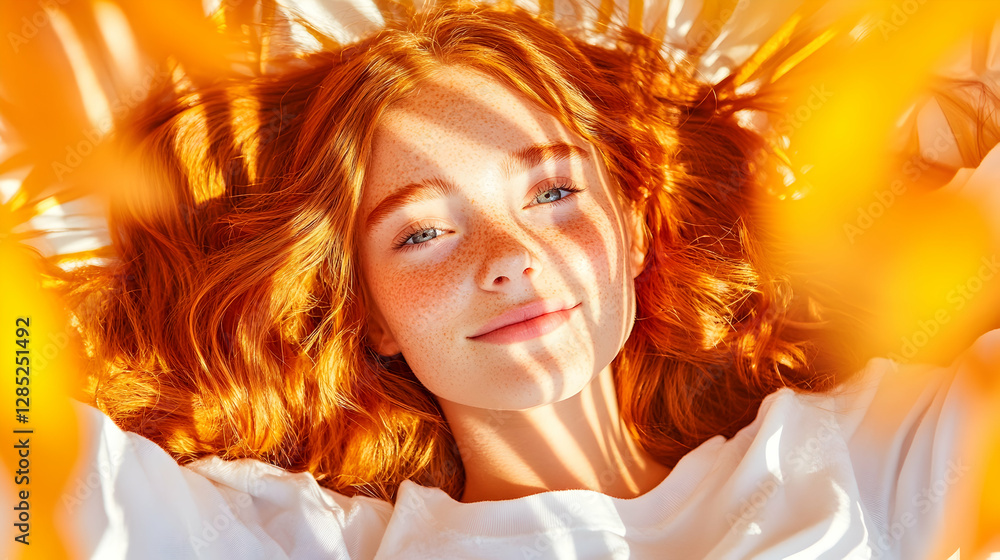 Redhead girl relaxes in sunlight, bedding background, lifestyle photo Redhead girl relaxes in sunlight, bedding background, lifestyle photo