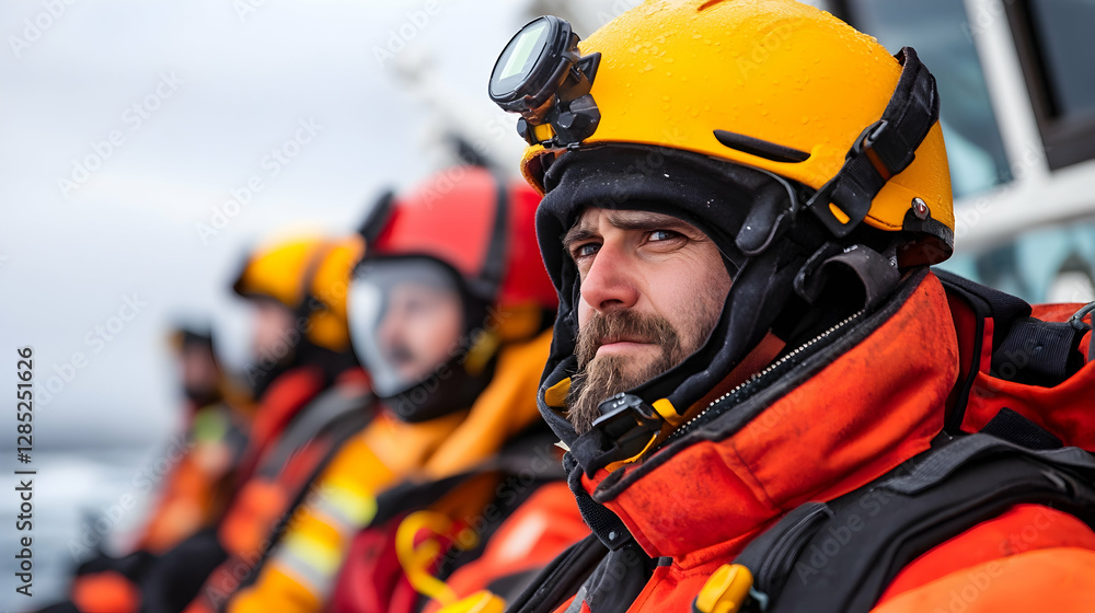 Rescuers on ship, arctic ocean, rescue mission, iceberg background Rescuers on ship, arctic ocean, rescue mission, iceberg background
