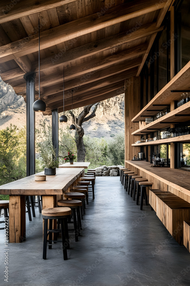 Rustic outdoor dining area with mountain view Rustic outdoor dining area with mountain view