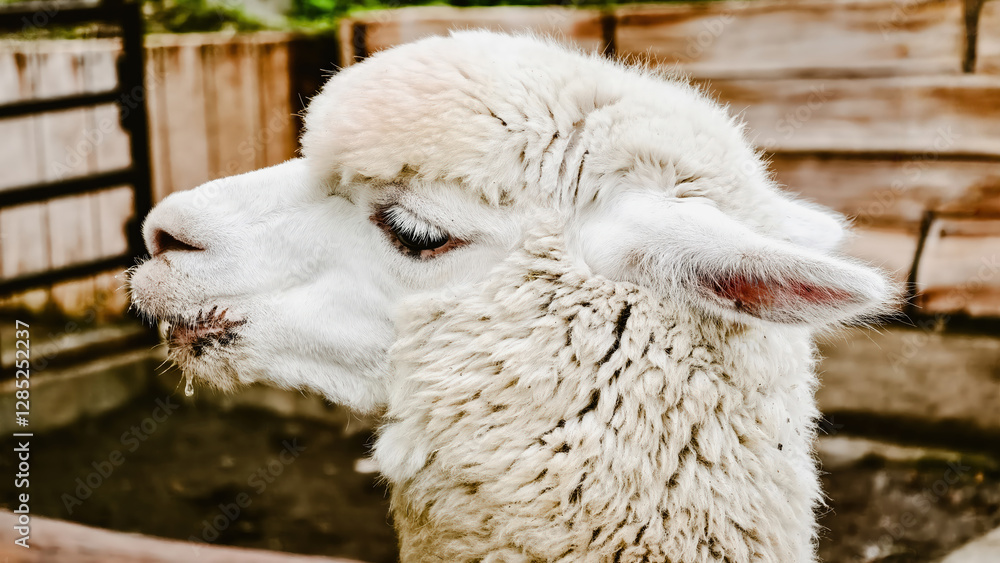 Fototapeta premium Close-up portrait of a white alpaca in a fenced enclosure reveals its soft wool, detailed facial features, and gentle expression