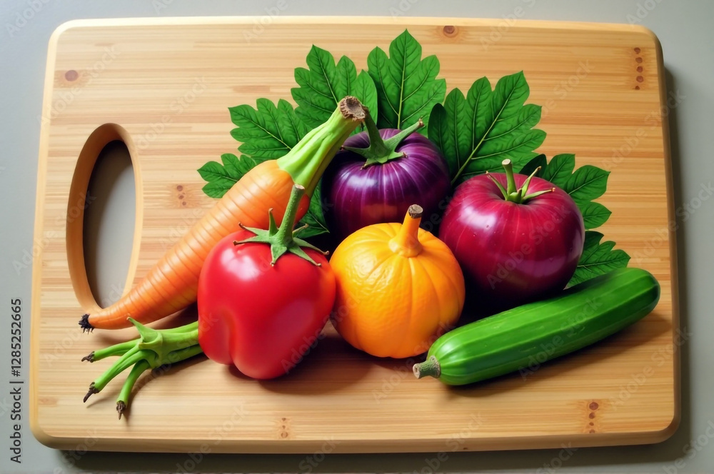 Decoupage on a wooden cutting board with a fruit and vegetable design, showcasing realistic details. creativity hobby and handicrafts, diy, background for design. Decoupage on a wooden cutting board with a fruit and vegetable design, showcasing realistic details. creativity hobby and handicrafts, diy, background for design.