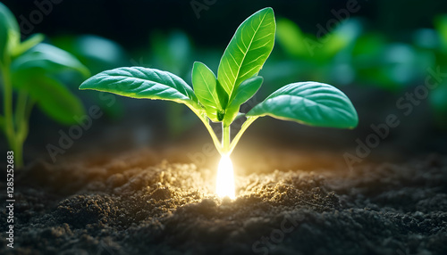 Seedling growth, illuminated from below, dark soil background; agriculture concept