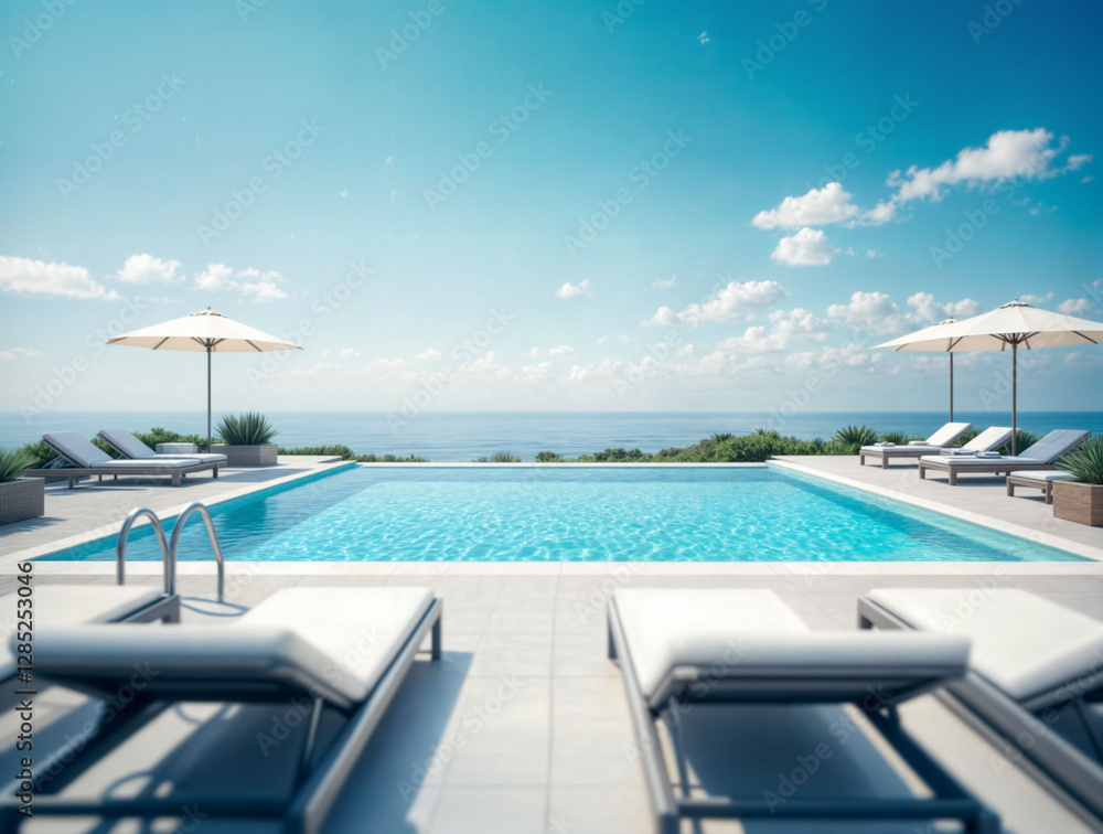Fototapeta premium Relaxing poolside view with sun loungers, clear blue water.