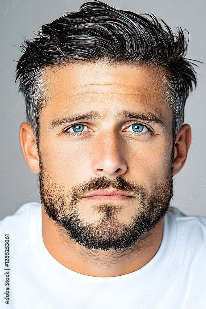 Fototapeta premium Serious man portrait, studio shot, grey background, pensive expression, website profile