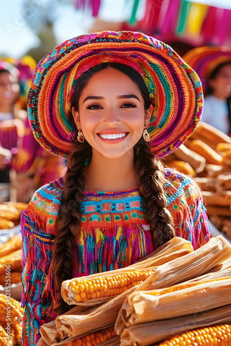 Smiling woman in vibrant hat, holding corn, at a festive market