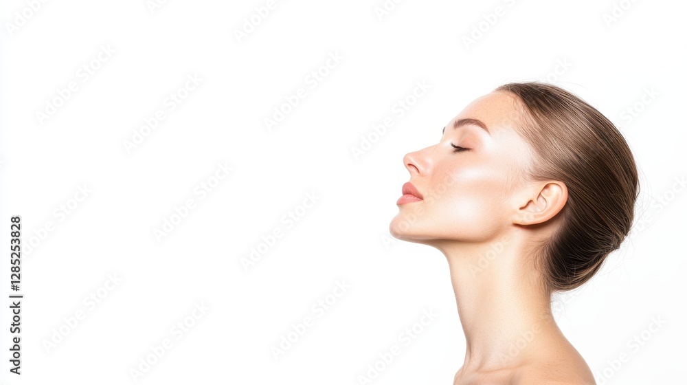 Elegant Profile of a Woman with Radiant Skin Against White Background Elegant Profile of a Woman with Radiant Skin Against White Background