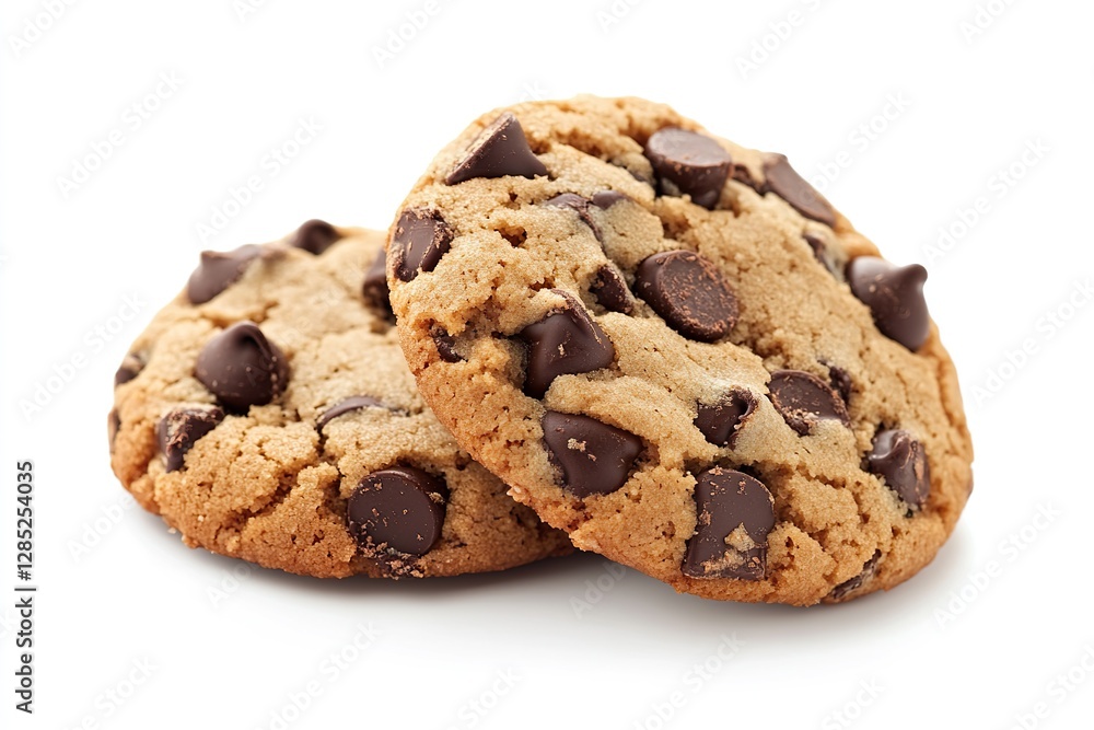 Two Chocolate Chip Cookies Isolated on White Background, Crisp and Chewy, Perfect for Snack Time Two Chocolate Chip Cookies Isolated on White Background, Crisp and Chewy, Perfect for Snack Time
