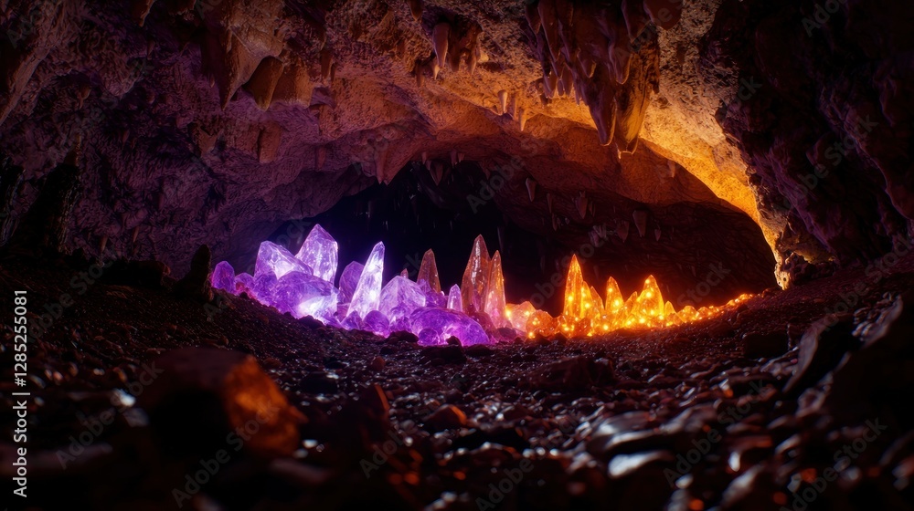 Vibrant crystals glowing in a dark cave, illuminating the rocky terrain with colorful light Vibrant crystals glowing in a dark cave, illuminating the rocky terrain with colorful light