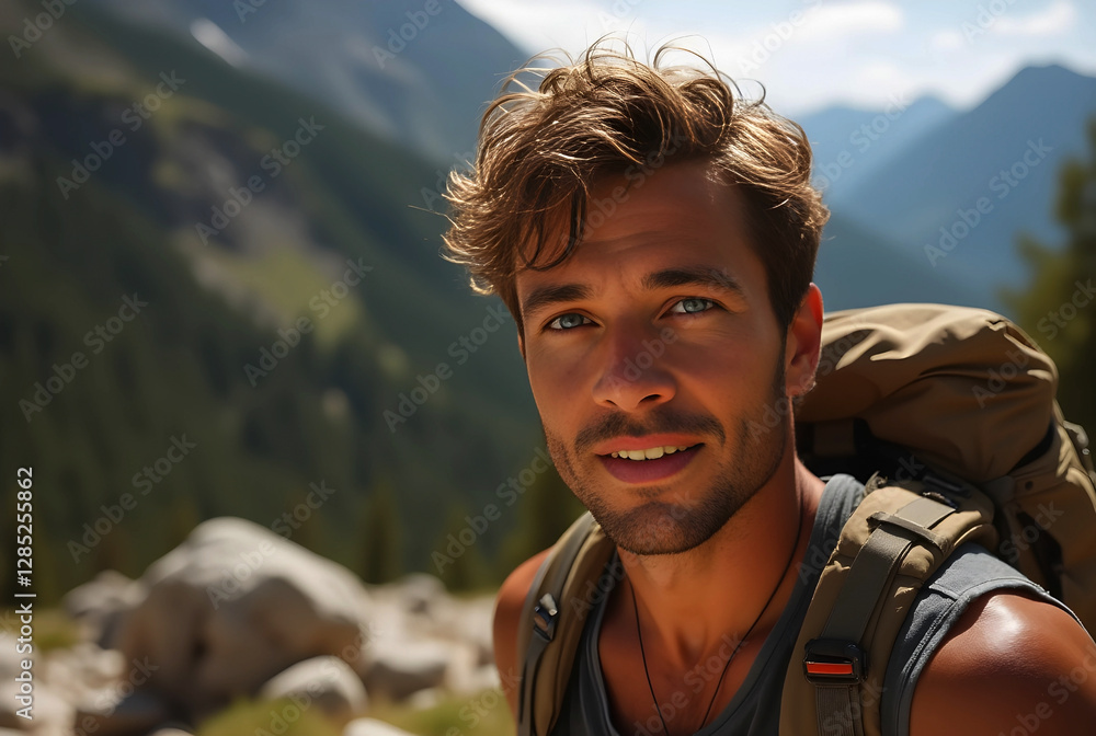 Mountain Trailblazer - Scaling Summer Peaks: a dynamic snapshot of a passionate hiker conquering a rugged summer trail, a Caucasian man with fair skin and short, sun-bleached brown hair Mountain Trailblazer - Scaling Summer Peaks: a dynamic snapshot of a passionate hiker conquering a rugged summer trail, a Caucasian man with fair skin and short, sun-bleached brown hair