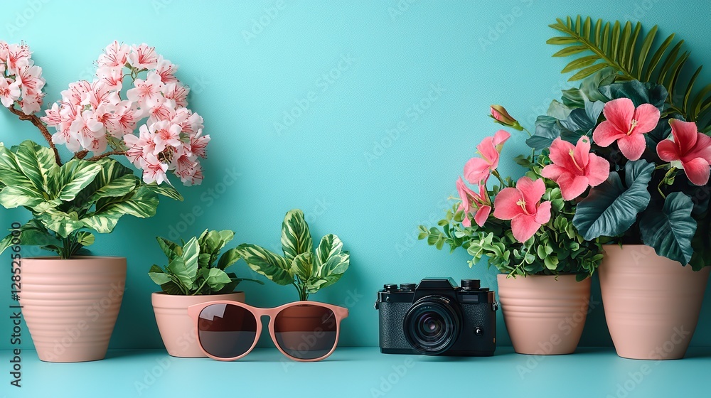 A flowerpot, sunglasses, camera, and plane model are arranged on a pastel blue background with copyspace. A flowerpot, sunglasses, camera, and plane model are arranged on a pastel blue background with copyspace.
