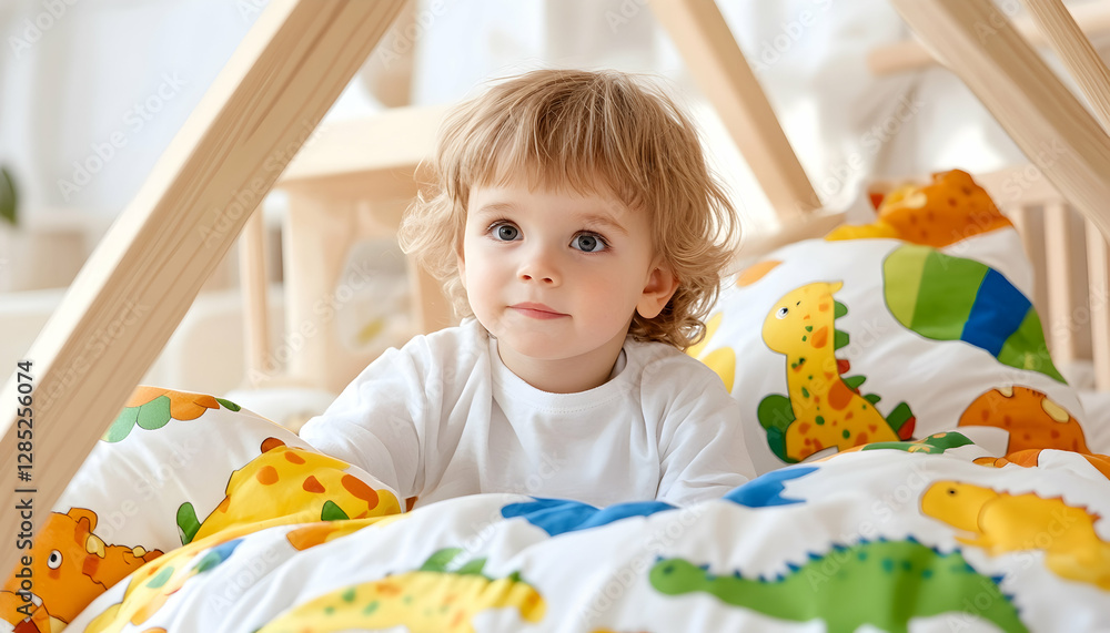 Toddler boy in wooden playhouse bed, dinosaur bedding Toddler boy in wooden playhouse bed, dinosaur bedding