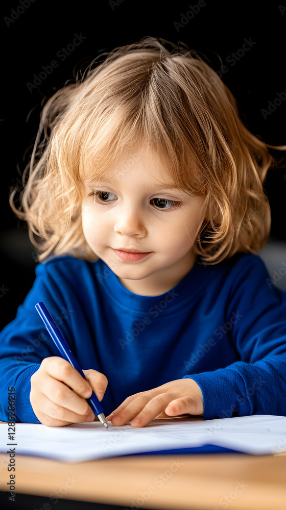 Toddler drawing at table, dark background, childhood creativity Toddler drawing at table, dark background, childhood creativity