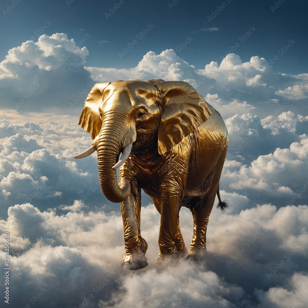 Fototapeta premium A golden elephant emerging from a sea of soft clouds.