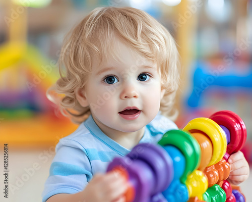 Toddler plays colorful toy in indoor play area