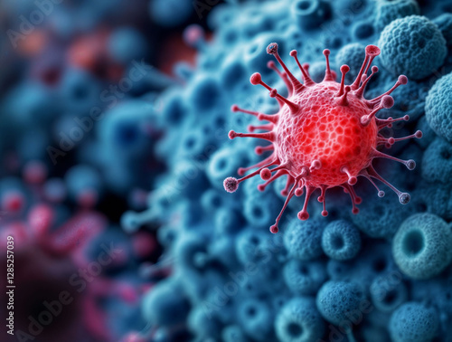 Single aggressive cancer cell in vivid red, surrounded by normal cells in soft blue, representing mutation and invasion.