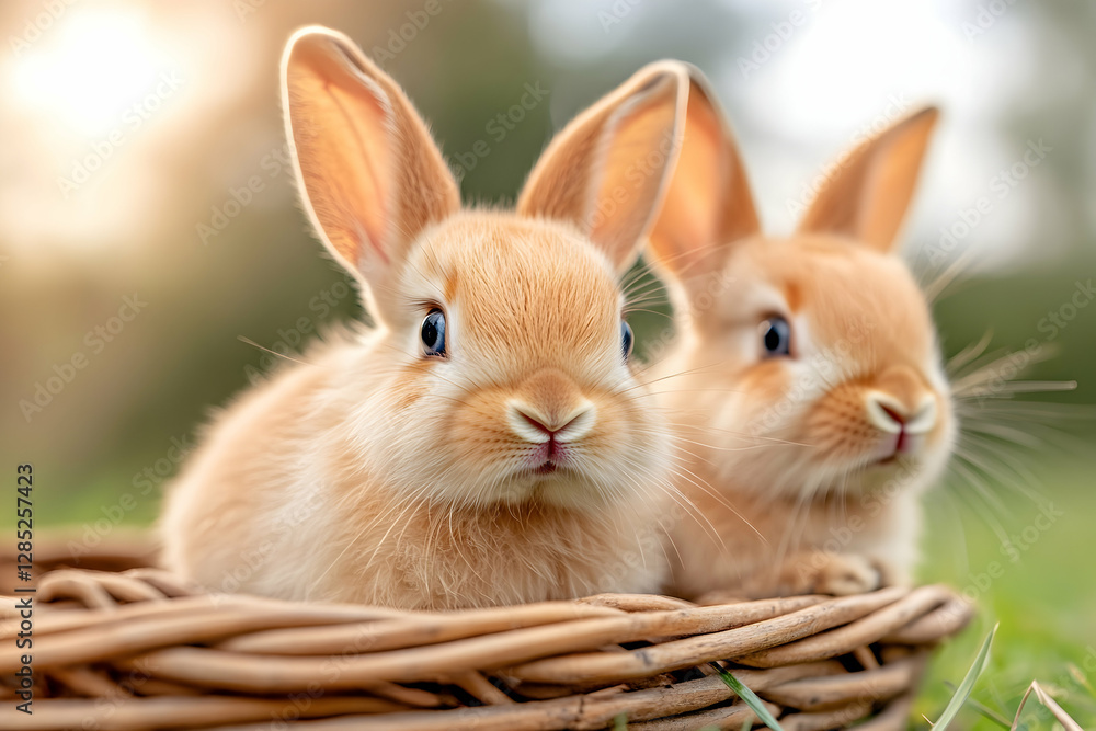 Fototapeta premium Two bunnies in a basket, spring meadow background, Easter
