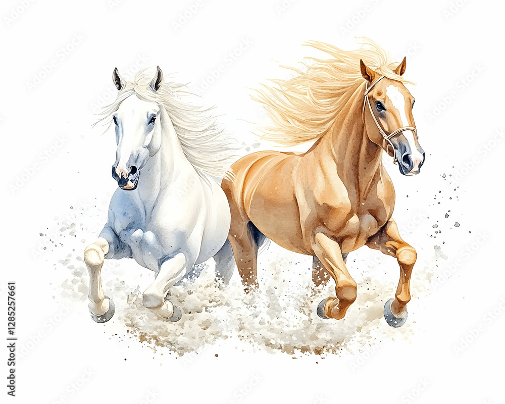 Fototapeta premium Two horses galloping beach, white sand, summer