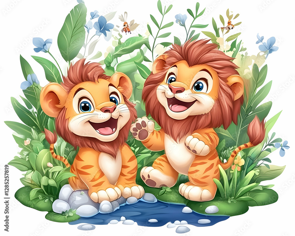 Fototapeta premium Two lion cubs playing near a pond, lush greenery background, children's book illustration