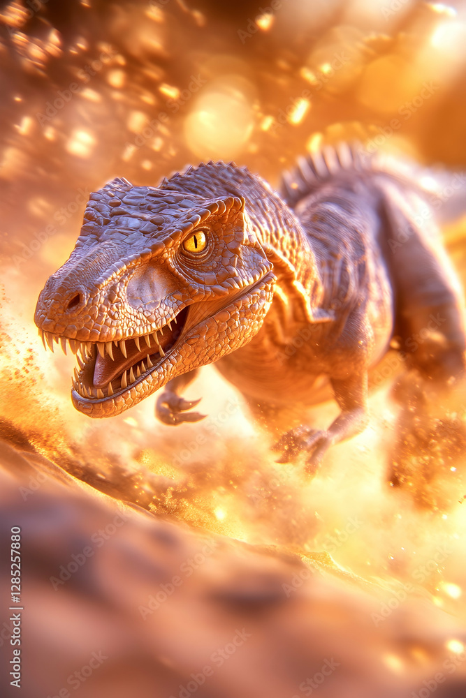 Obraz premium Tyrannosaurus Rex running, fiery background, prehistoric landscape, CGI illustration