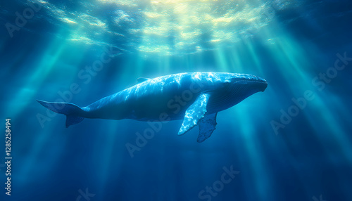 Whale swimming ocean sunlight underwater peaceful marine life