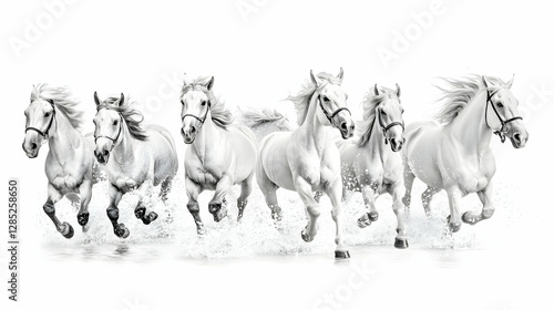 White horses galloping, splashing water, white background, freedom concept, stock photo