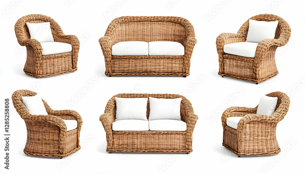Wicker patio furniture set, various angles, white background, for catalog Wicker patio furniture set, various angles, white background, for catalog