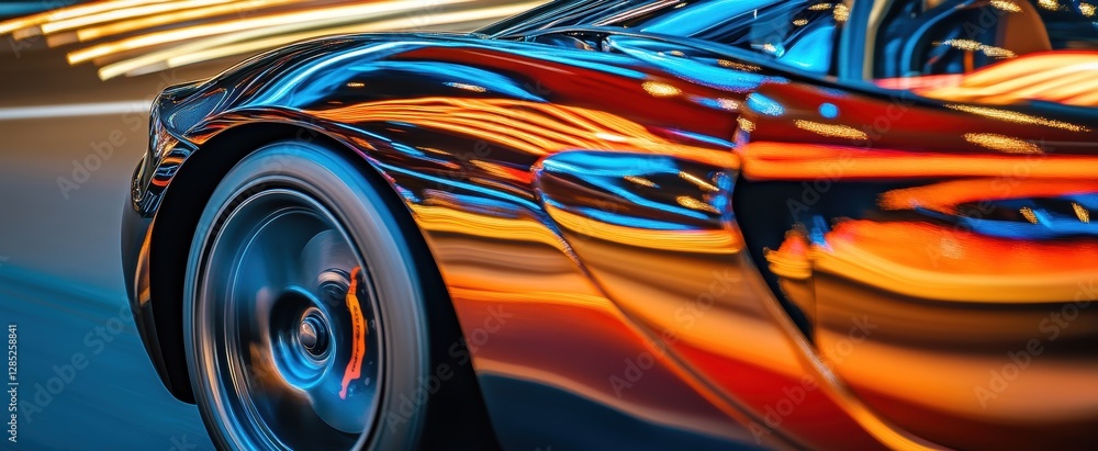Obraz premium Dynamic Motion Capture of a Sleek Sports Car Reflecting Urban Lights in a Night Scene