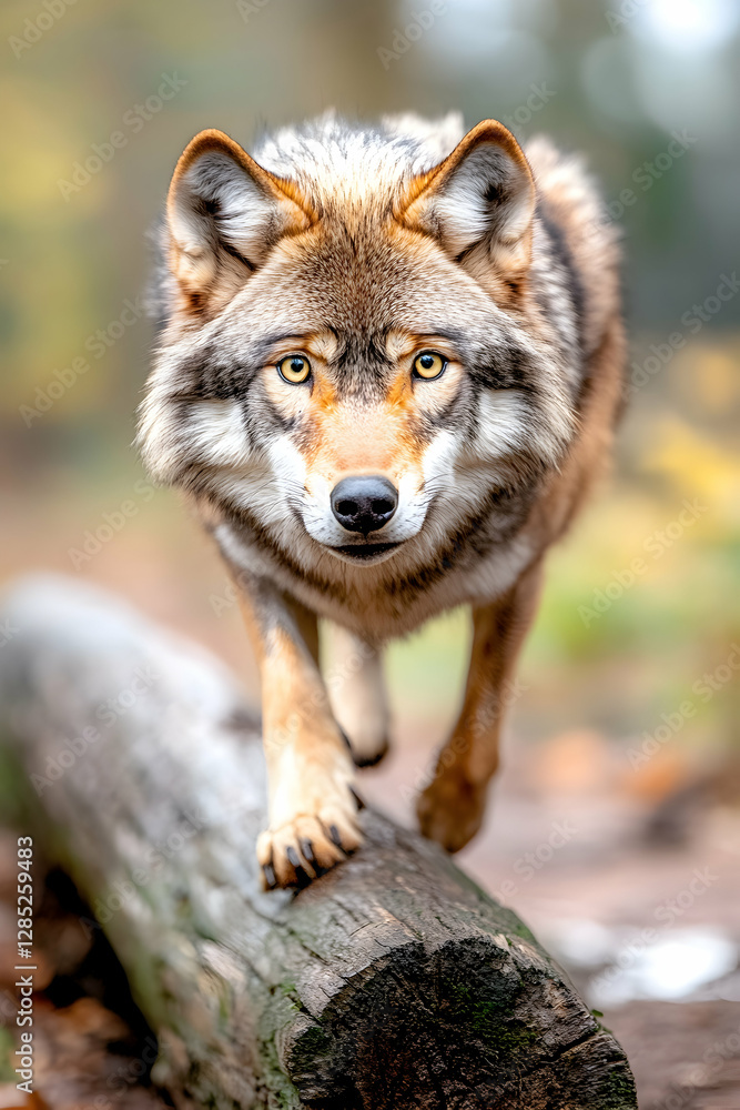 Wolf walking log autumn forest wildlife nature Wolf walking log autumn forest wildlife nature