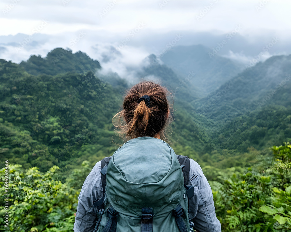 Woman hiker views misty mountain range Woman hiker views misty mountain range