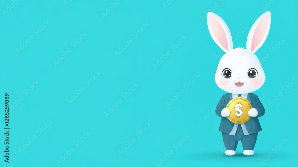 Obraz premium cute bunny in tiny suit holding coin against bright background