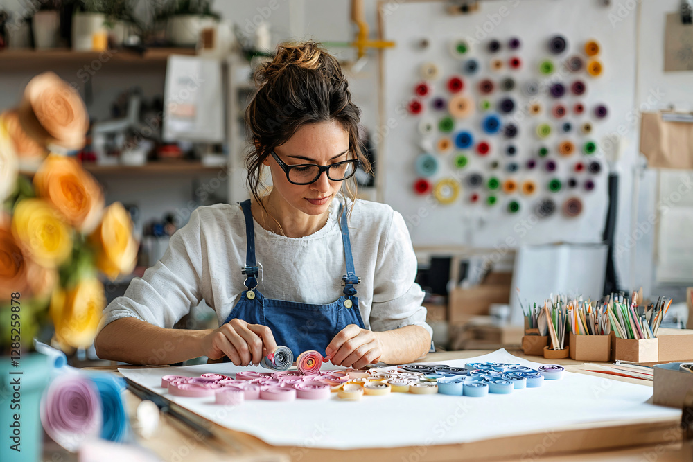 Fototapeta premium Paper artist creating delicate quilling art, curled strips forming an intricate floral design, meticulous handmade skill