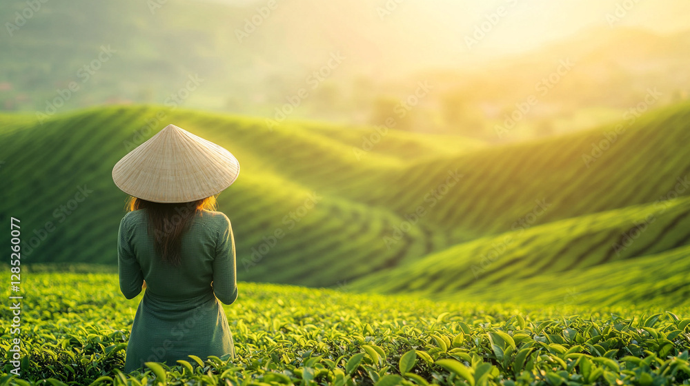 Fototapeta premium A woman harvests tea leaves in a lush green tea plantation on a hillside, symbolizing hard work, tradition, and connection to nature in rural Asia. The vibrant landscape reflects harmony and growth