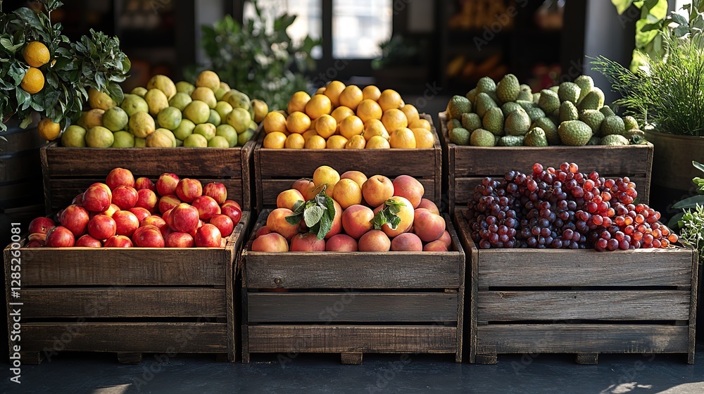 A fresh fruit display is set up in a warehouse with wooden crates. A fresh fruit display is set up in a warehouse with wooden crates.