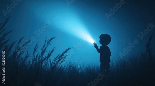Child Exploring Mysterious Night with Flashlight in Foggy Field