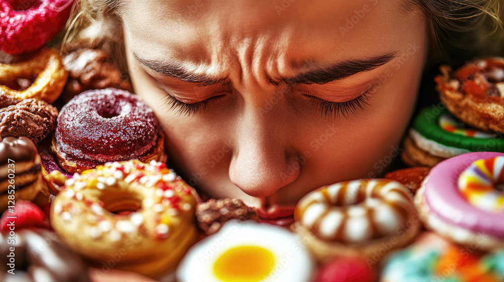 Sad person surrounded by sugary foods, reflecting the struggle between indulgence and emotional well-being, highlighting the complexities of comfort and self-care.