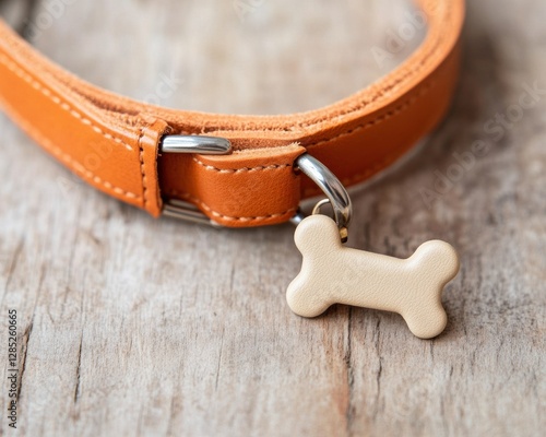 Rustic Pet Accessories Leather Collar with Bone-Shaped Metal Tag on Wooden Surface - Durable Identification Solutions for Modern Animal Care and Sustainable Style photo