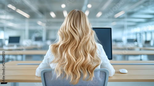 Woman working at computer, modern office, blurred background, business concept photo