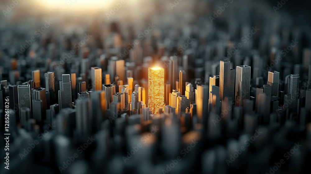 Skyscraper Forest with Golden Beacon, towering buildings, luminous gold structure, representing business excellence, innovation, market dominance