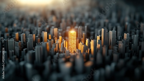 Obraz na płótnie Skyscraper Forest with Golden Beacon, towering buildings, luminous gold structure, representing business excellence, innovation, market dominance w salonie