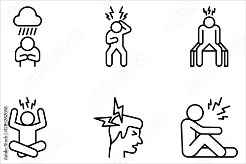 Depression icon set on white background. Included the icons as serious, stressed, stress, sad, emotional